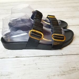 Stuart Weitzman Shalene Leather Black Ruched Strap Slide Sandals